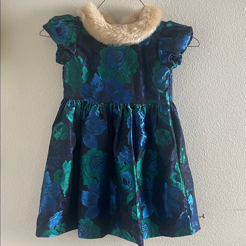 Janie and Jack Floral Blue and Green Girls Dress with Faux Fur Collar